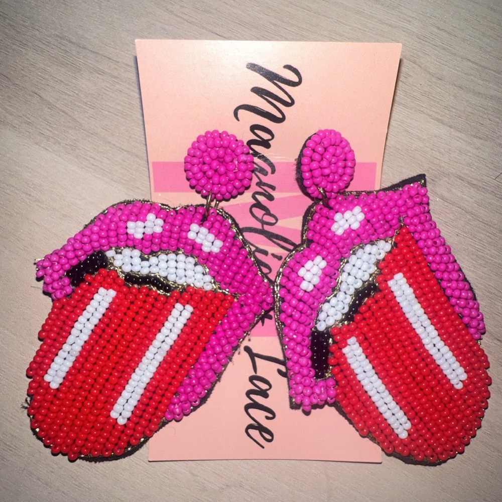 Pink and Red Beaded Tongue Earrings